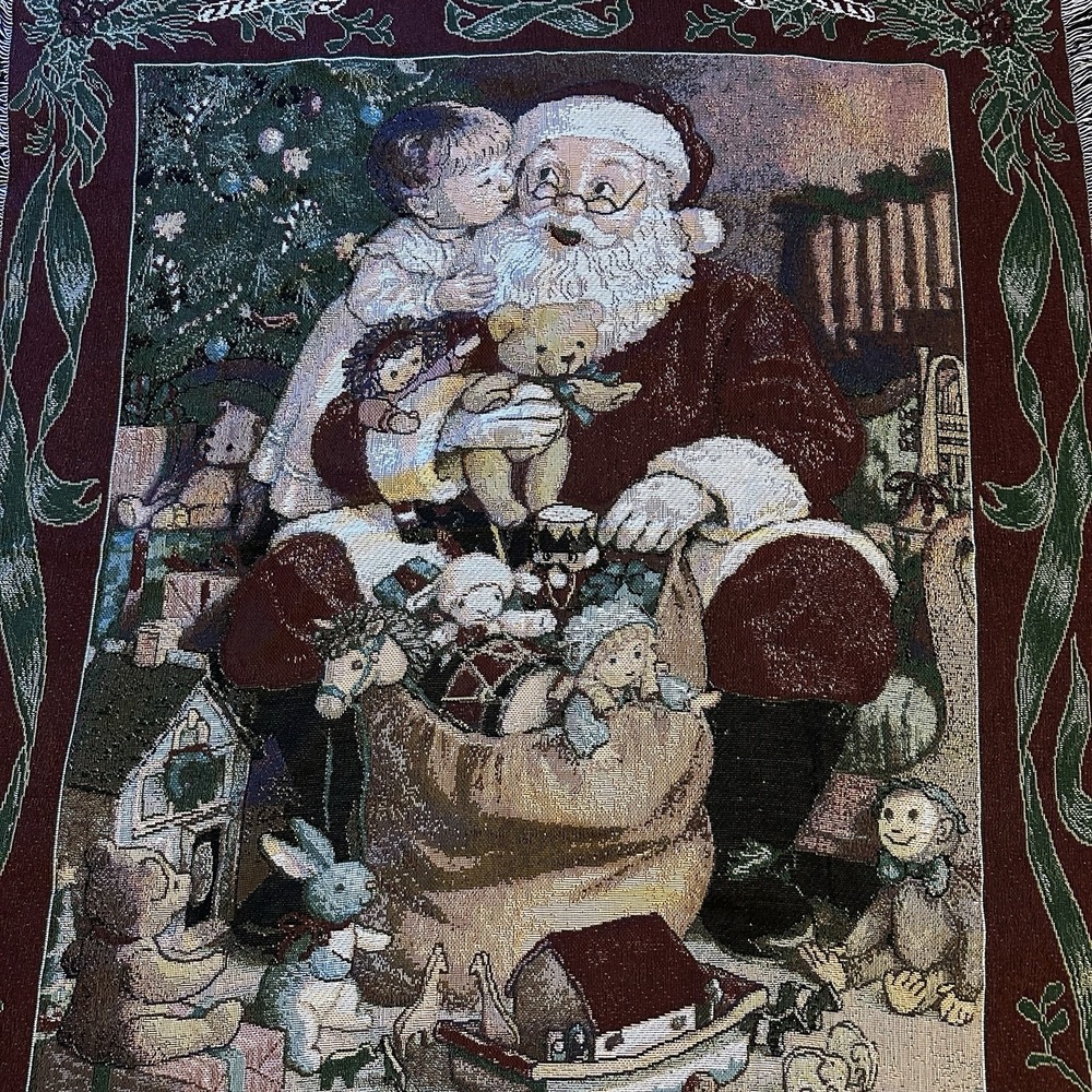 American Needle Point Tapestry Santa Claus Christmas Throw Blanket 60"x50" 1998
